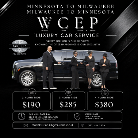 Graphic promoting luxury car service with an image of four chauffeur staff standing next to a black SUV, listing ride prices for 2, 3, and 4 hours, and including contact information.