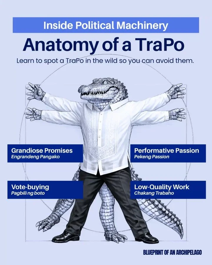 Spotting them in the wild is easy once you know the anatomy of buwaya. 🐊✨
🇵🇭
The TraPo Anatomy:
 - Engrandeng Pangako: Big words, zero proof.
 - Pagbili ng Boto: A few hundred pesos now for years of consequences later.
 - Chakang Trabaho: High act