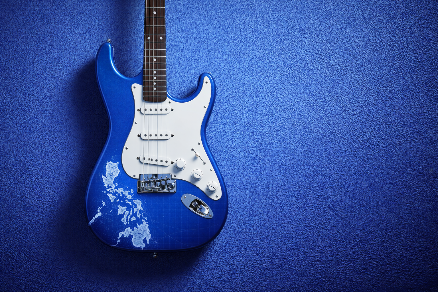 A blue electric guitar with a white pickguard and a graphic of a map on it, hanging on a textured blue wall.