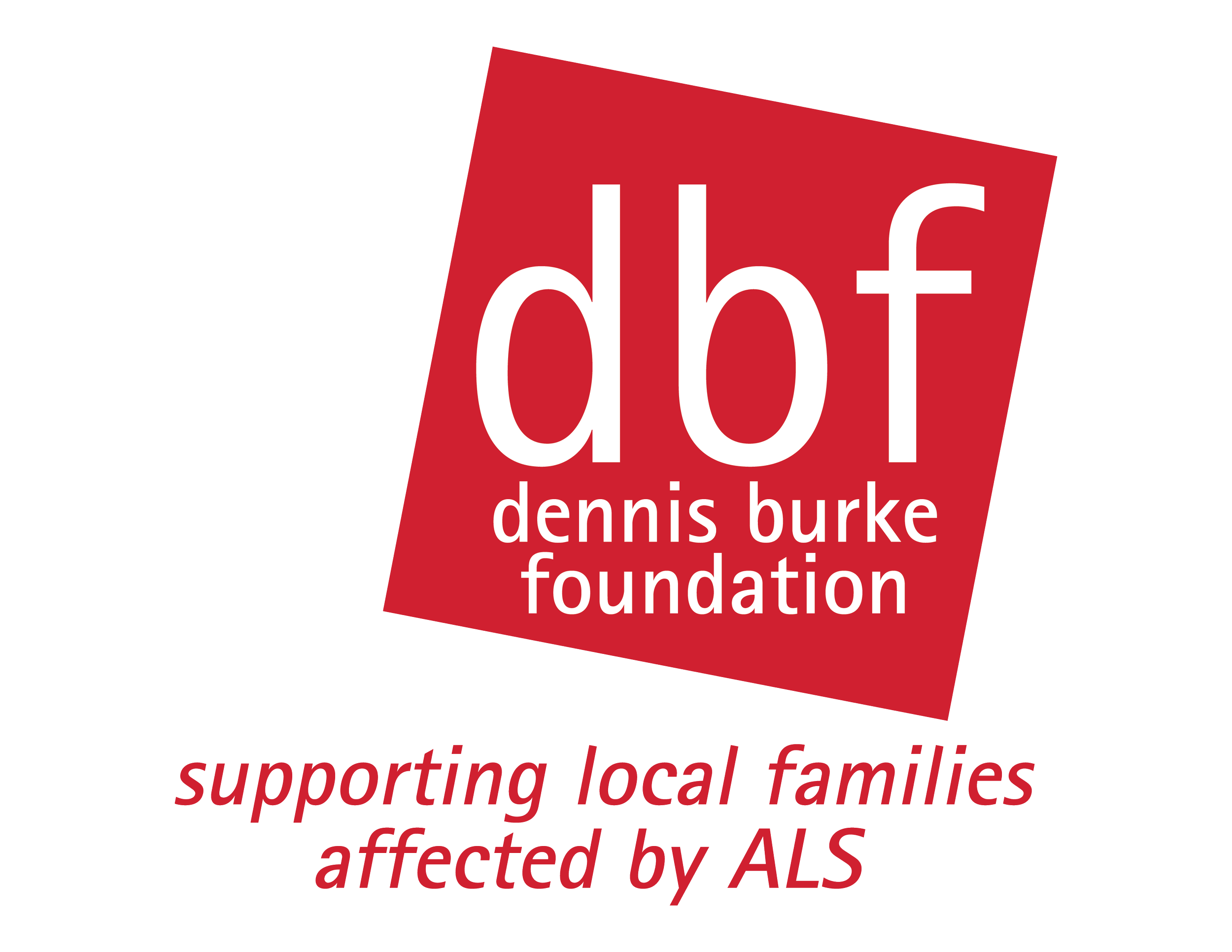 Logo of the d6f Dennis Burke Foundation with a red tilted square background and white lowercase text, supporting local families affected by ALS.