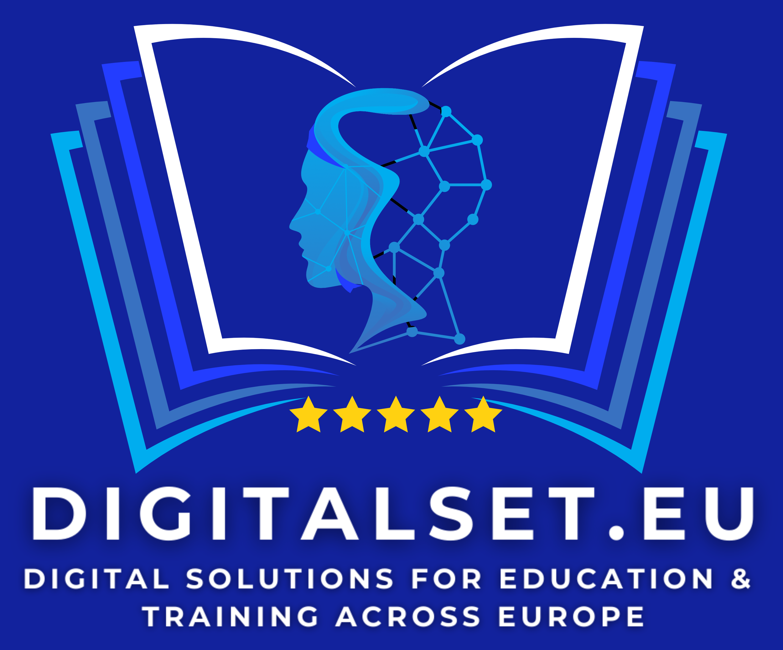 Logo for digitalset.eu featuring an open book with a human profile silhouette and a DNA strand inside, five yellow stars below, and the text "DIGITALSET.EU" and "Digital Solutions for Education & Training Across Europe".