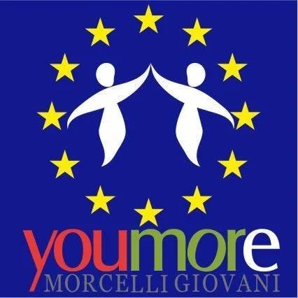 A logo with a blue background featuring a circle of 12 yellow stars, two white abstract human figures reaching toward each other in the center, and the words 'you more' in red, green, and white text at the bottom, with small text 'MORCELLI GIOVANI' underneath.