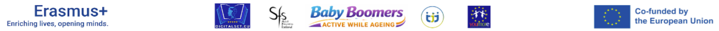 Banner image with logos of various organizations including Digital EU, Baby Boomers Active and Alive, EU flag, YouTube, European Union flag, and a barcode.