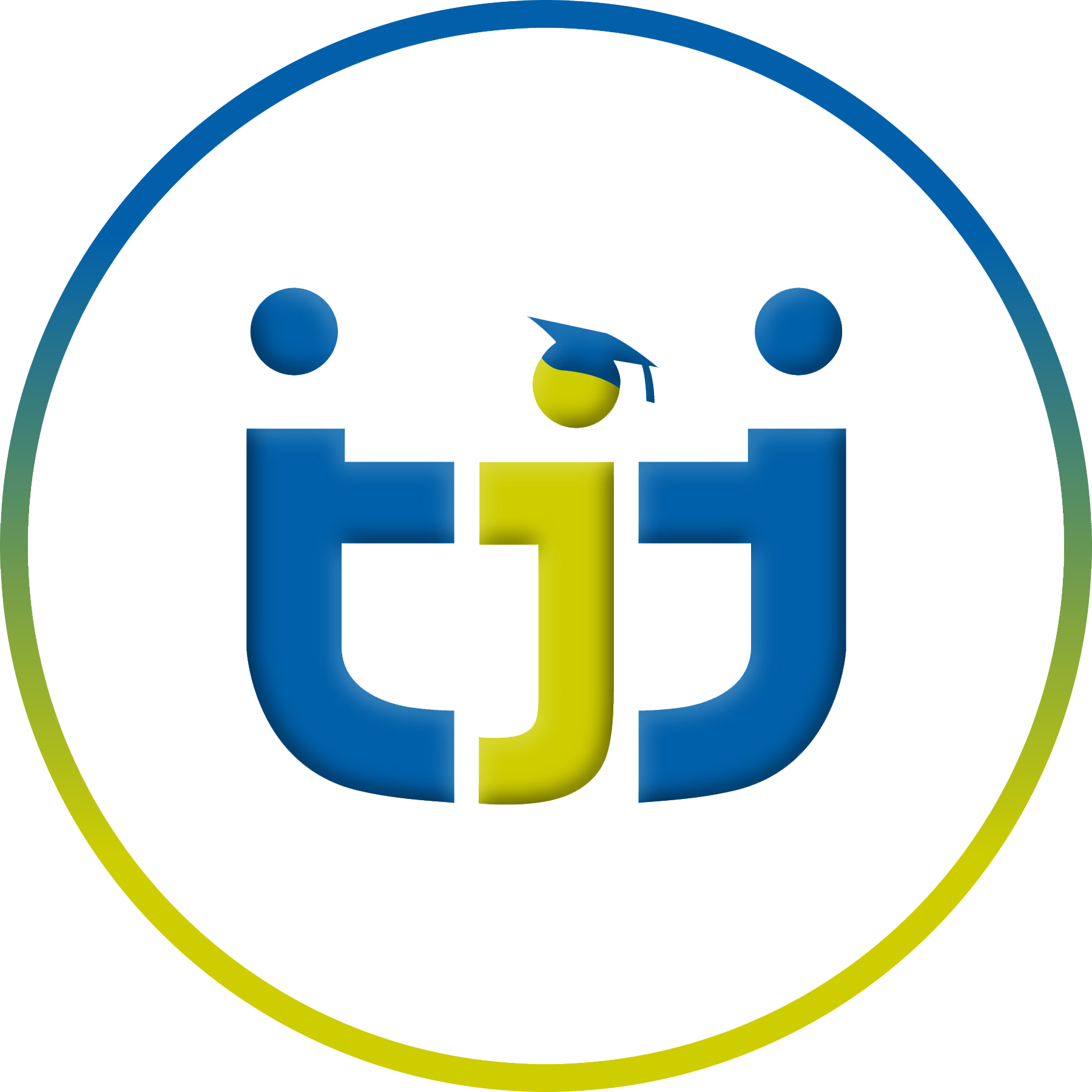 Stylized logo with the letters 'ij' in blue and yellow, featuring a small yellow face with a blue graduation cap and two blue spheres above it, encircled by a blue and yellow border.