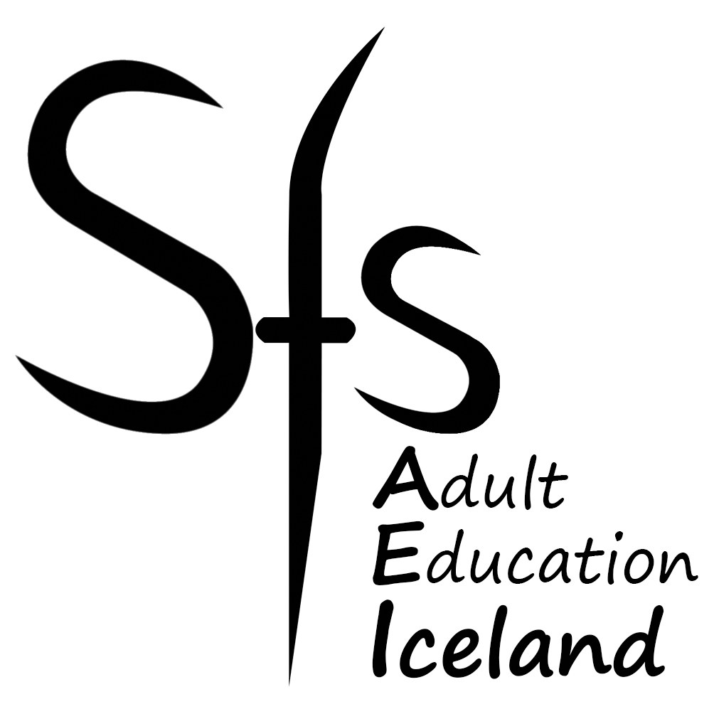 Logo with large stylized letters 'S' and 'S' separated by a cross, with the words 'Adult Education Iceland' written below.