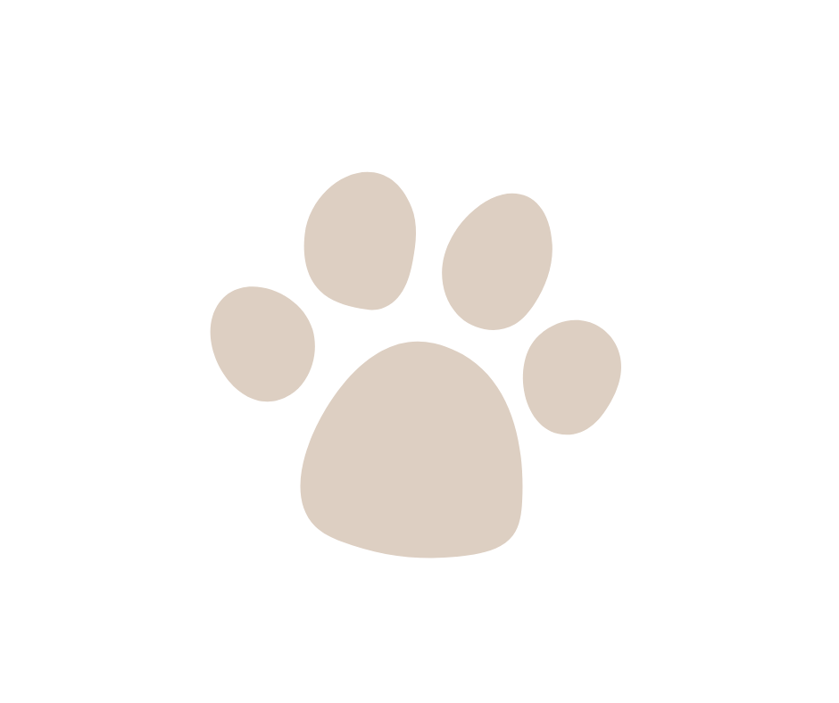Large beige paw print with smaller white paw prints to the left on a black background.