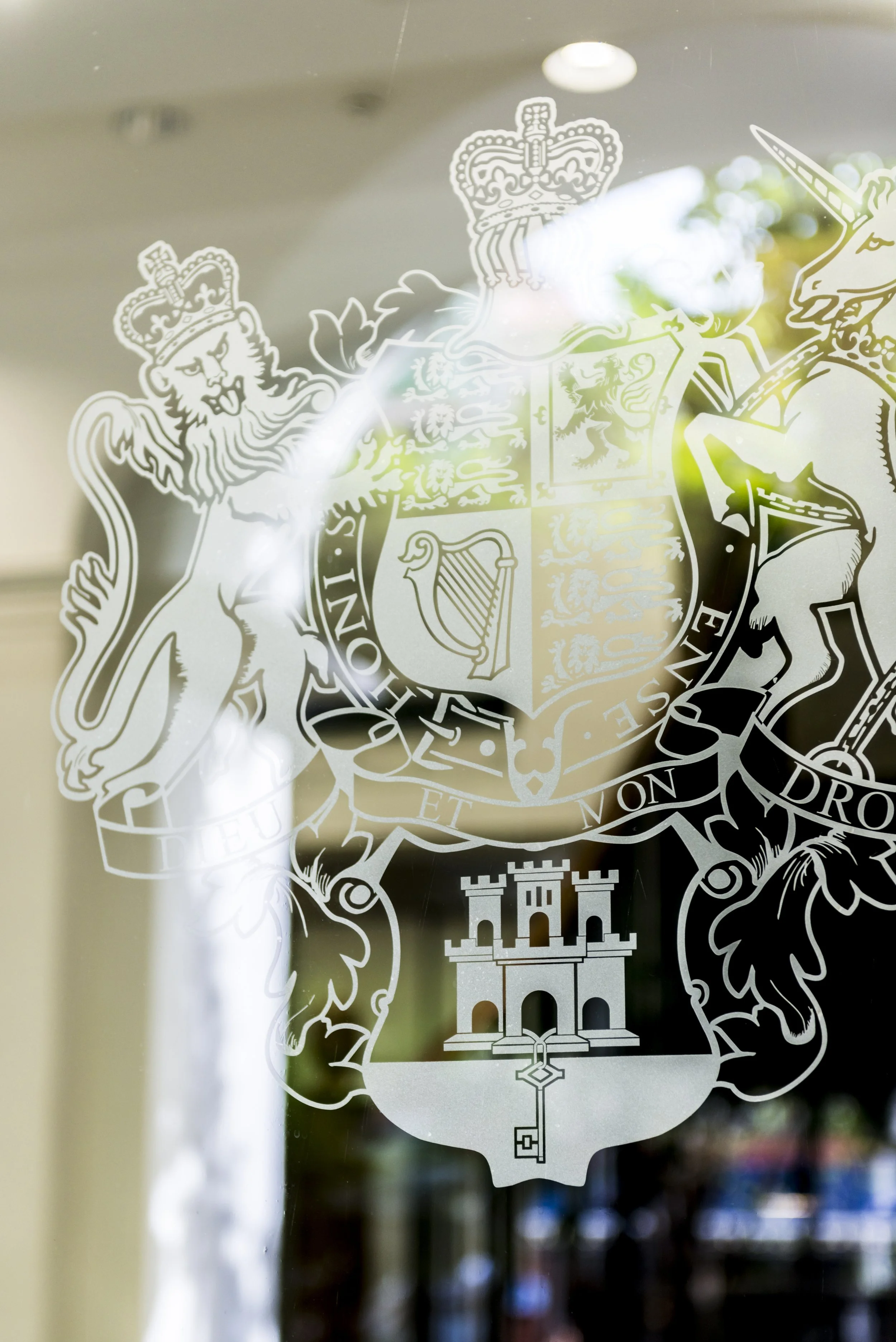 Decorative emblem with a heraldic lion and unicorn supporting a shield with various symbols, including a castle, a harp, and a lion, topped with crowns and banner text.