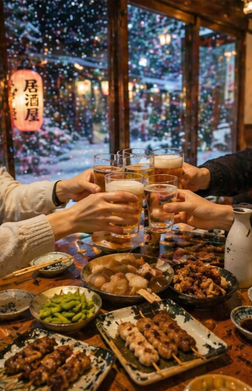 People clinking glasses of beer over a table with Japanese food, including skewers, edamame, and various dishes, inside a cozy restaurant with a snowy window view and Japanese lanterns.