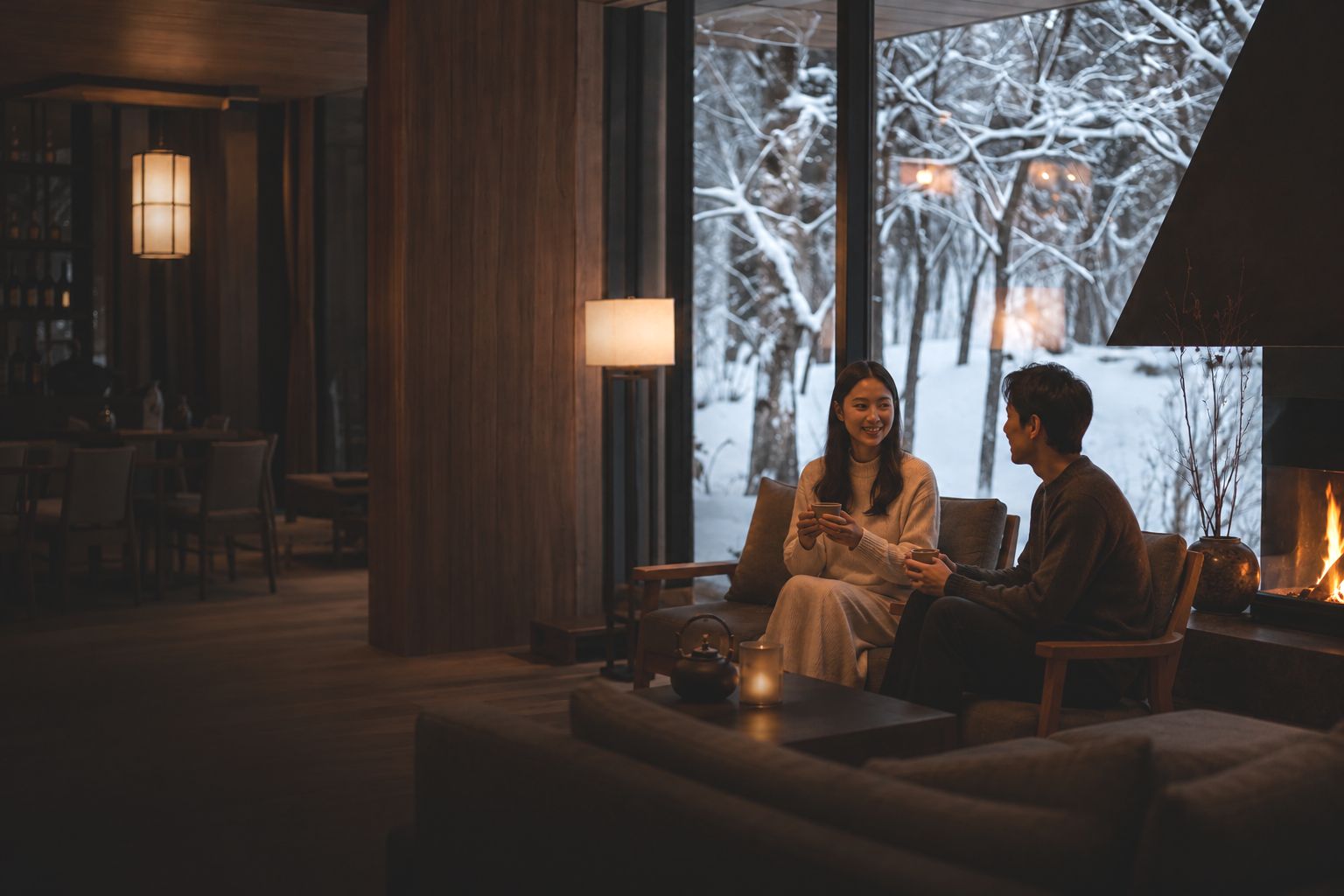 Two people sitting on a couch near a fireplace, holding mugs, with a snowy winter scene outside the large window behind them.