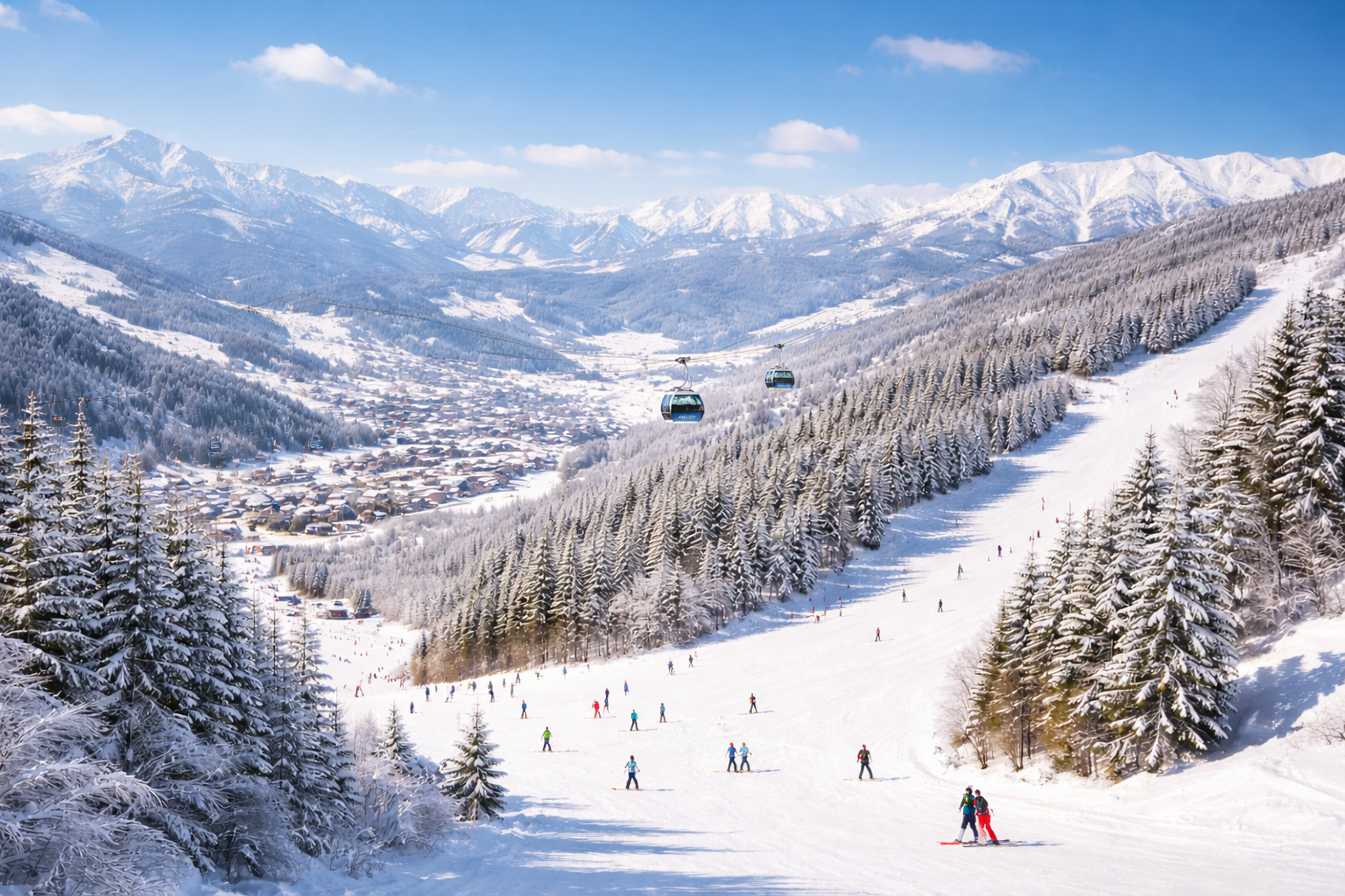 A snowy mountain ski resort with skiers on the slope, a forest of snow-covered trees, cable cars in the sky, and a village at the base of the mountains.