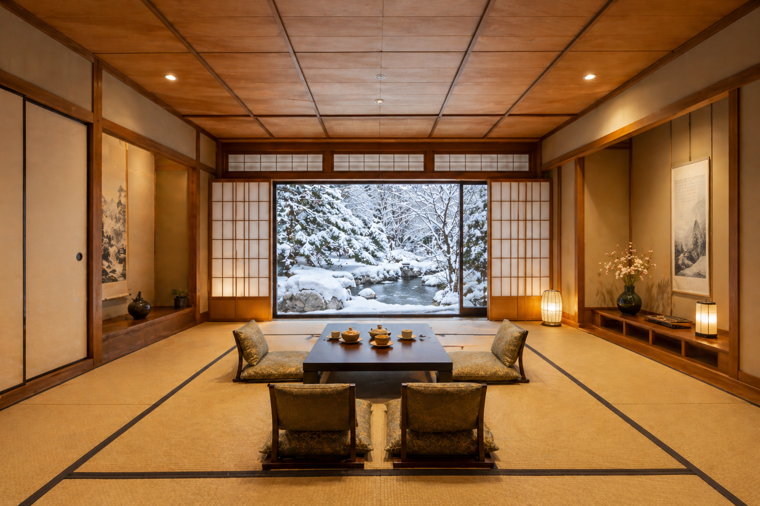 Traditional Japanese room with tatami mats, shoji screens, a low table set with tea cups, and a large window showing a snowy winter landscape with trees and rocks.