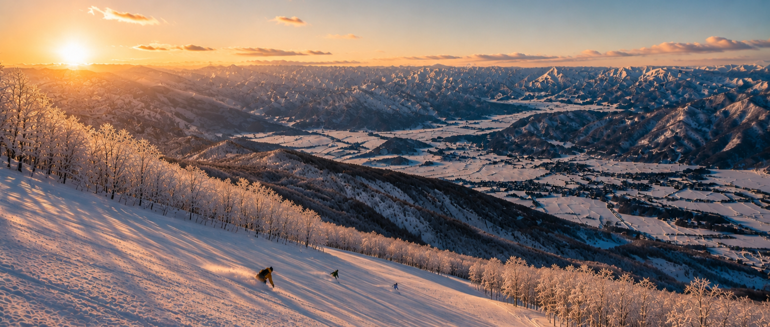Snow-covered mountains and a valley at sunset with a group of people skiing on a snowy slope in the foreground, and frost-covered trees along the slope.
