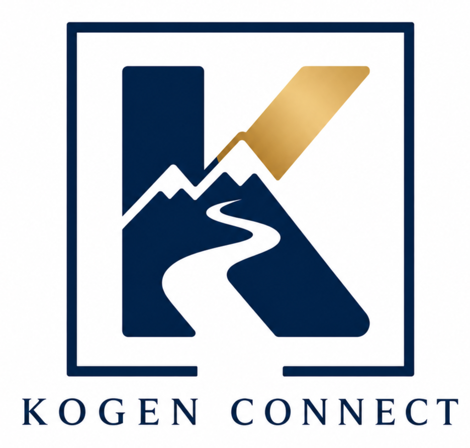 Logo with mountains, river, city skyline, and a gold-shaded upward arrow, with "KOGEN CONNECT" text below.