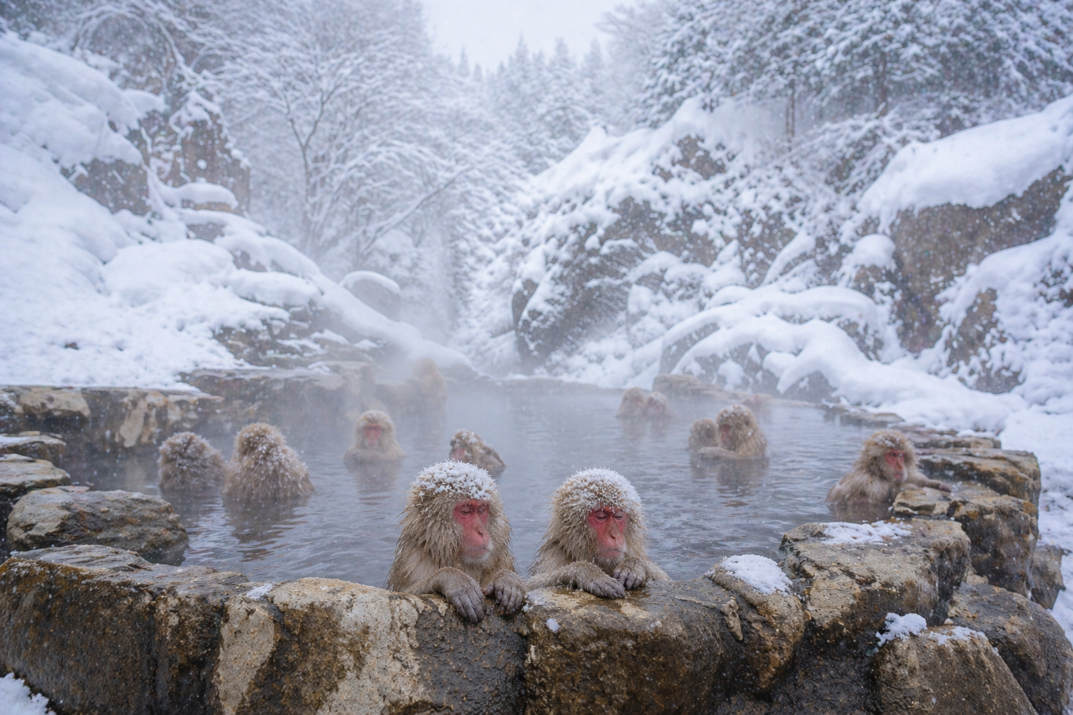 Group of Japanese macaques (snow monkeys) soaking in a hot spring with snowy mountains and trees in the background.
