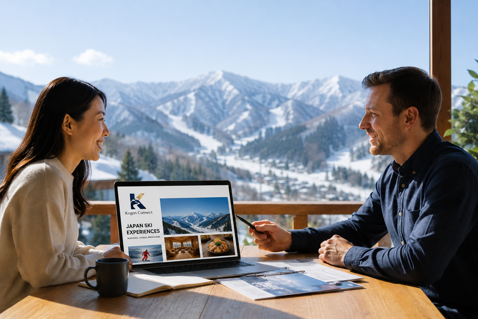 A man and woman sitting at a table, smiling and talking, with a laptop displaying Japan ski experiences, and snowy mountains in the background.