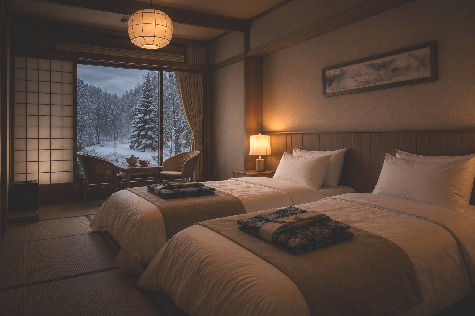 Two beds in a cozy hotel room with a view of a snow-covered forest through a large window, warm lighting, and traditional Japanese décor.