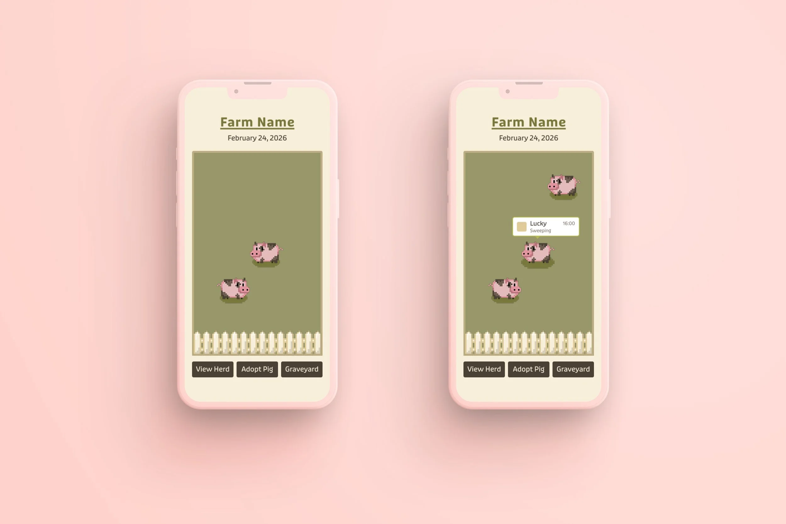 When you enter the app, you will see your pig farm featuring your DirtyPigs of the day. By clicking on individual pigs, you can observe what chore they represent. Did you complete the chore? Check it off by clicking the beige square!