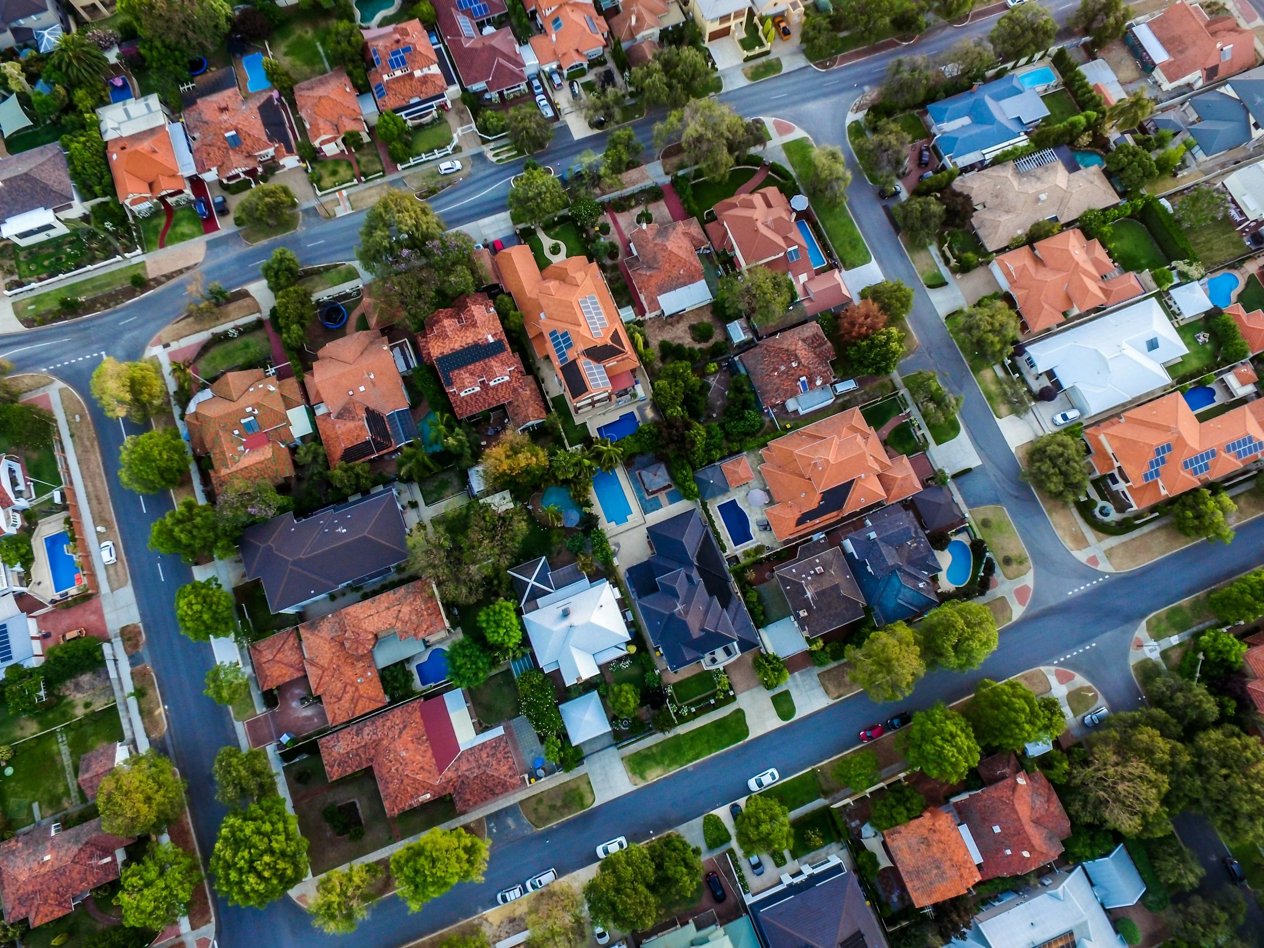 An aerial view of a suburban neighborhood