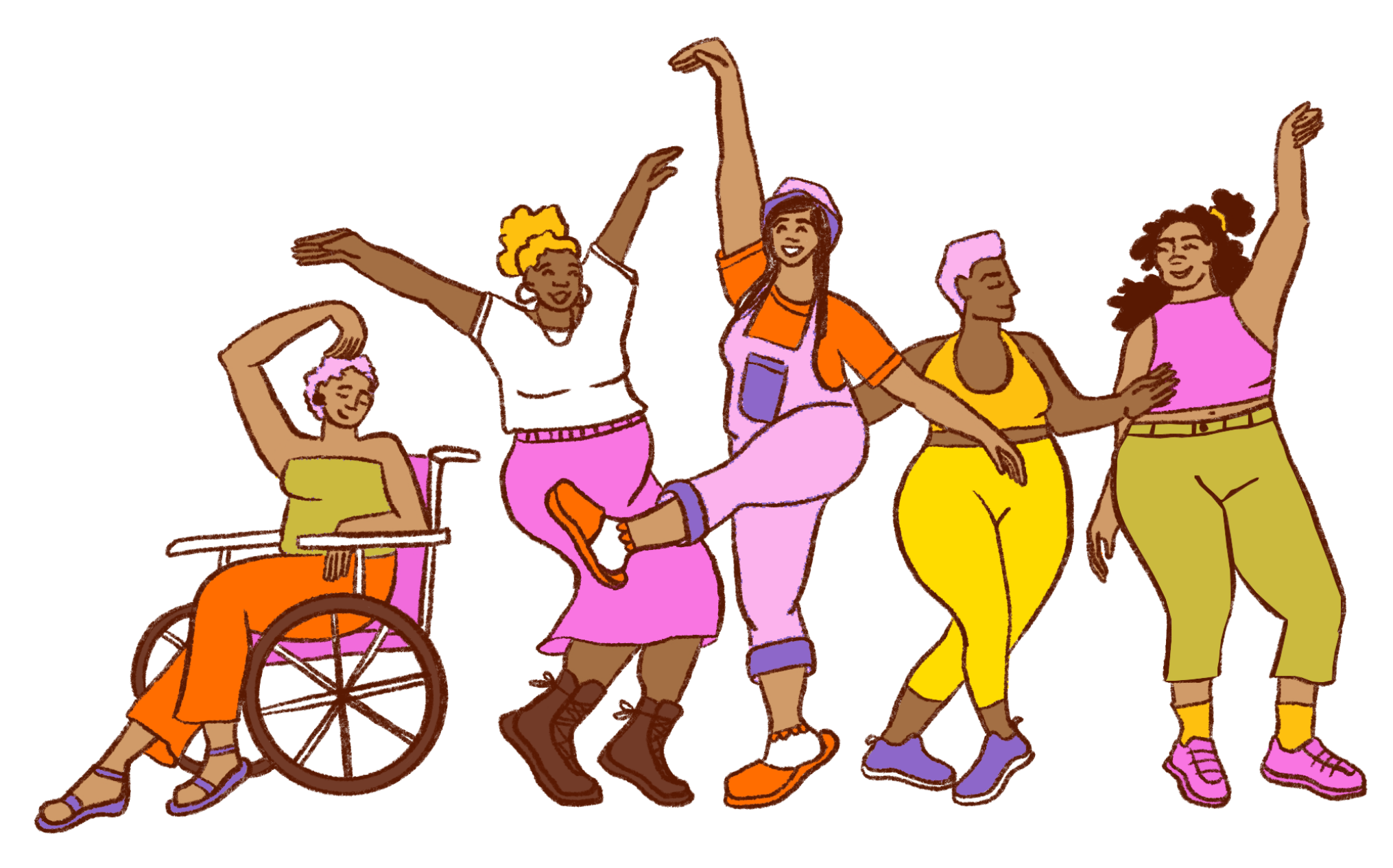 Hand-drawn illustration representing a group of mostly femme-presenting individuals of varying skin tones. Four are standing and one is seated in a wheelchair. All are smiling and striking celebratory poses.