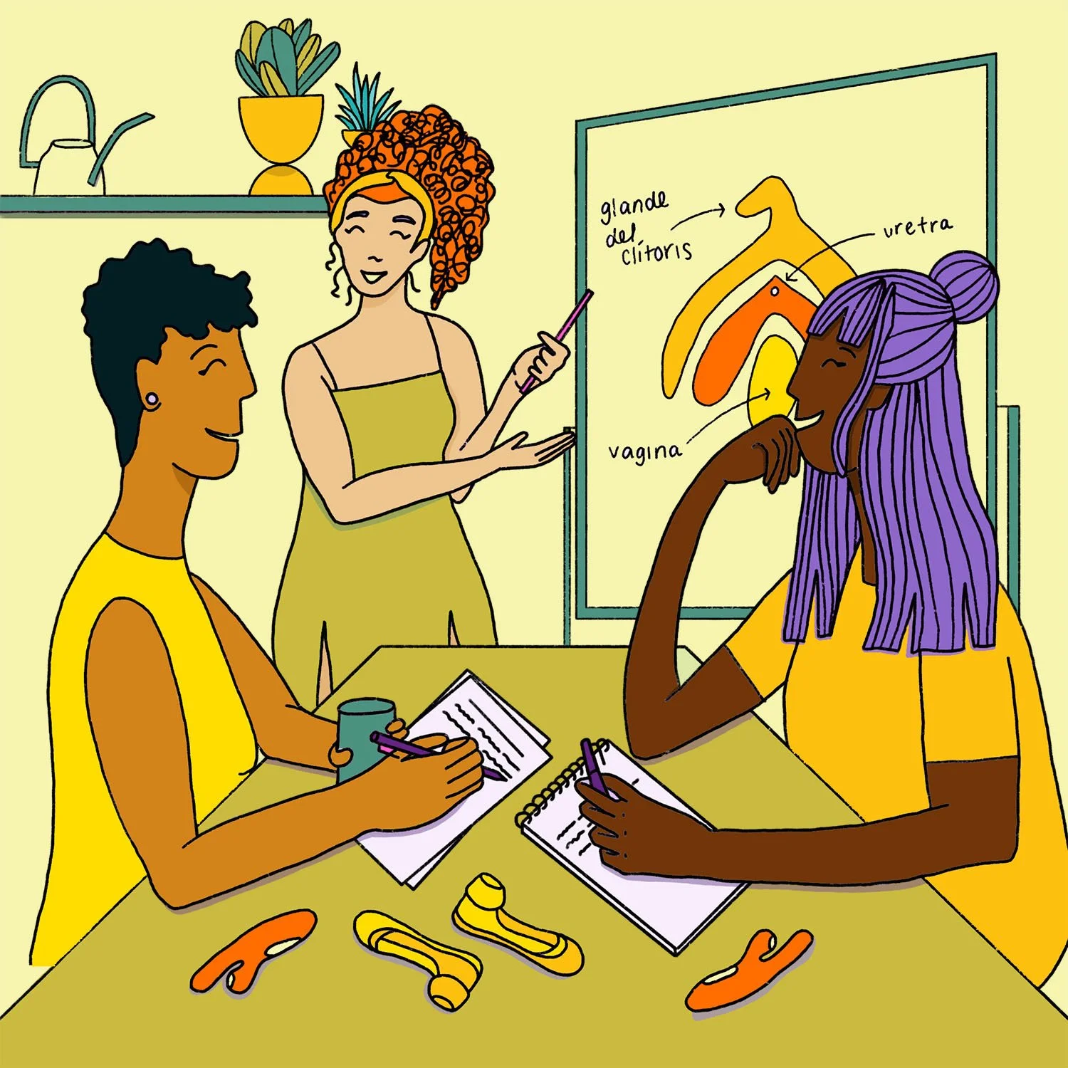 Two young people in a sex education class learn about vibrators. An instructor points toward an anatomical drawing of the clitoris, urethra, and vagina.