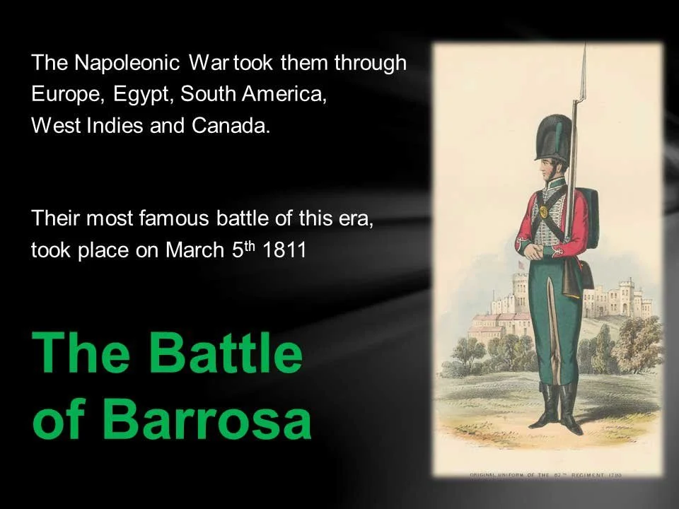 Historical image and text about the Battle of Barrosa on March 5, 1811, during the Napoleonic War, featuring a soldier in uniform.