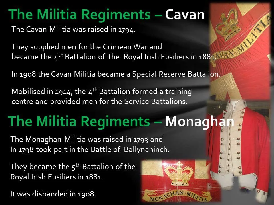 Historical military display featuring the Cavan and Monaghan Militia Regiments, with informational text and regimental flags.