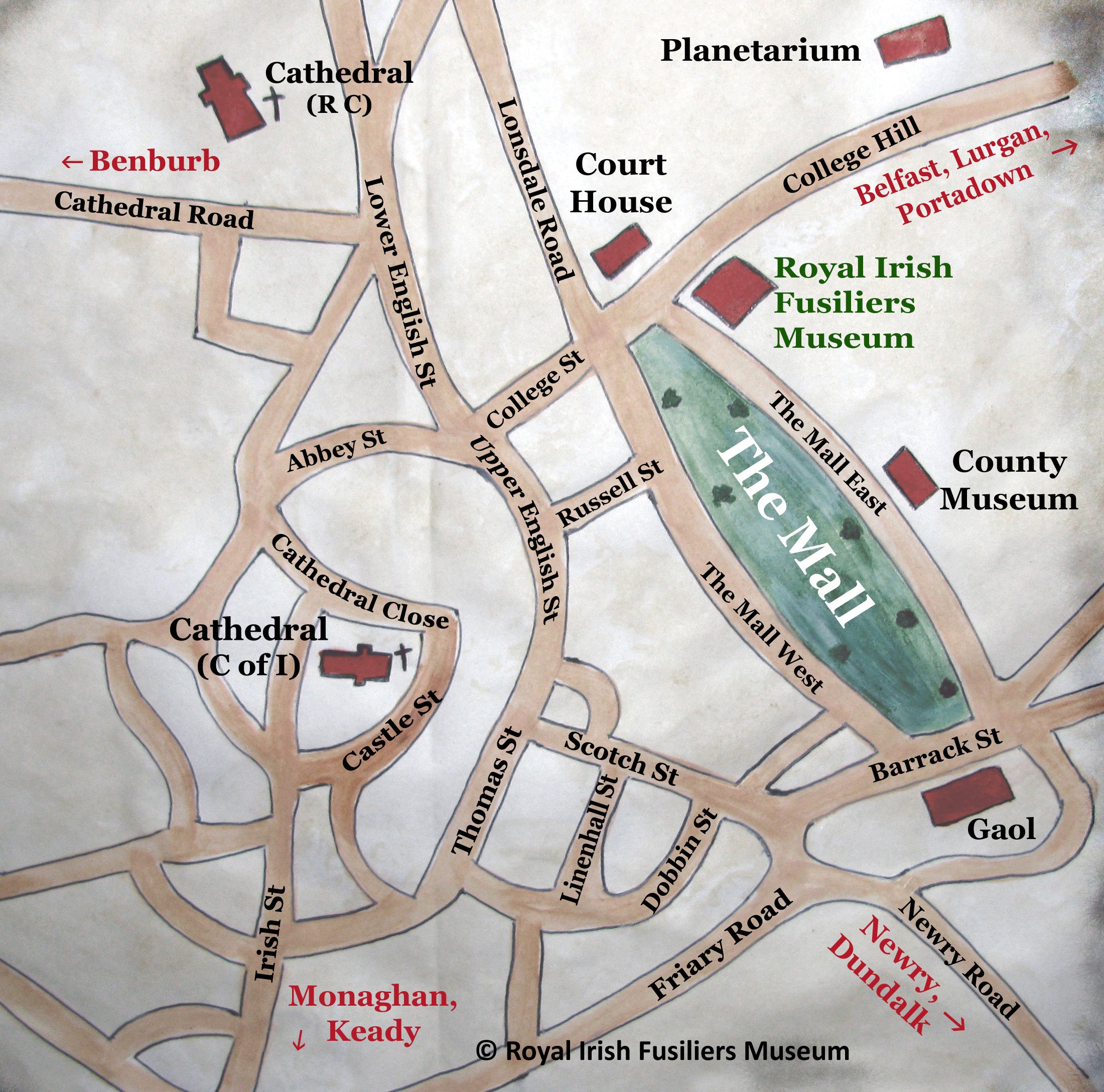 Map of a historic area showing street names, landmarks, museums, and notable locations including The Mall, Cathedral, Court House, Royal Irish Fusiliers Museum, County Museum, and a cathedral of the Church of Ireland, with directional labels to Belfast, Lurgan, Portadown, Monaghan, Keady, Newry, Dundalk, and Benburb.