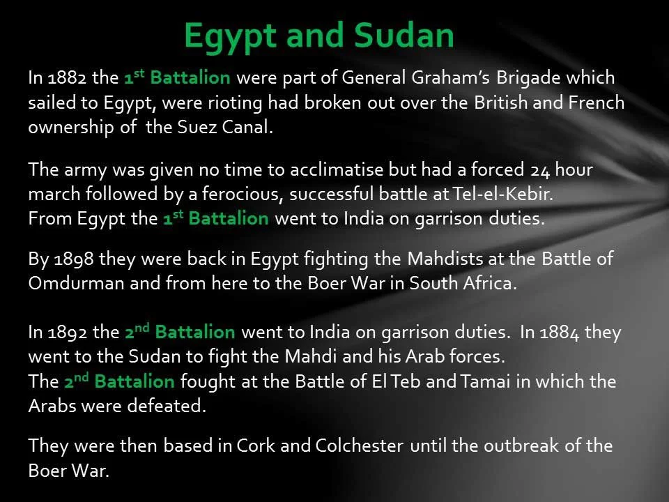 Text-based historical overview of Egypt and Sudan, mentioning the 1st Battalion's participation in various wars and military duties from 1882 to the late 1800s.