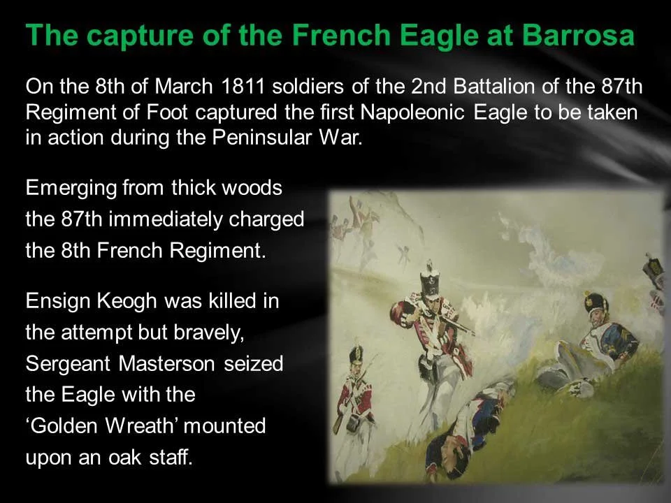 Historical illustration depicting soldiers in battle during the Peninsular War, with a focus on the French capture of the eagle at Barrosa on March 8, 1811, featuring soldiers in 19th-century military uniforms in a wooded landscape.