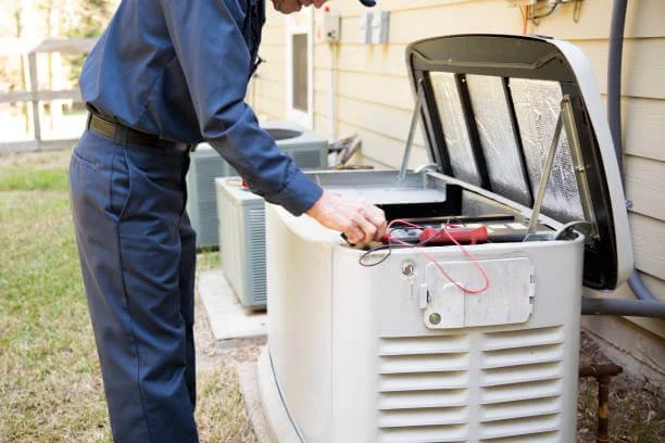 A person working on a central air conditioning unit outside a house, possibly performing maintenance or repair.