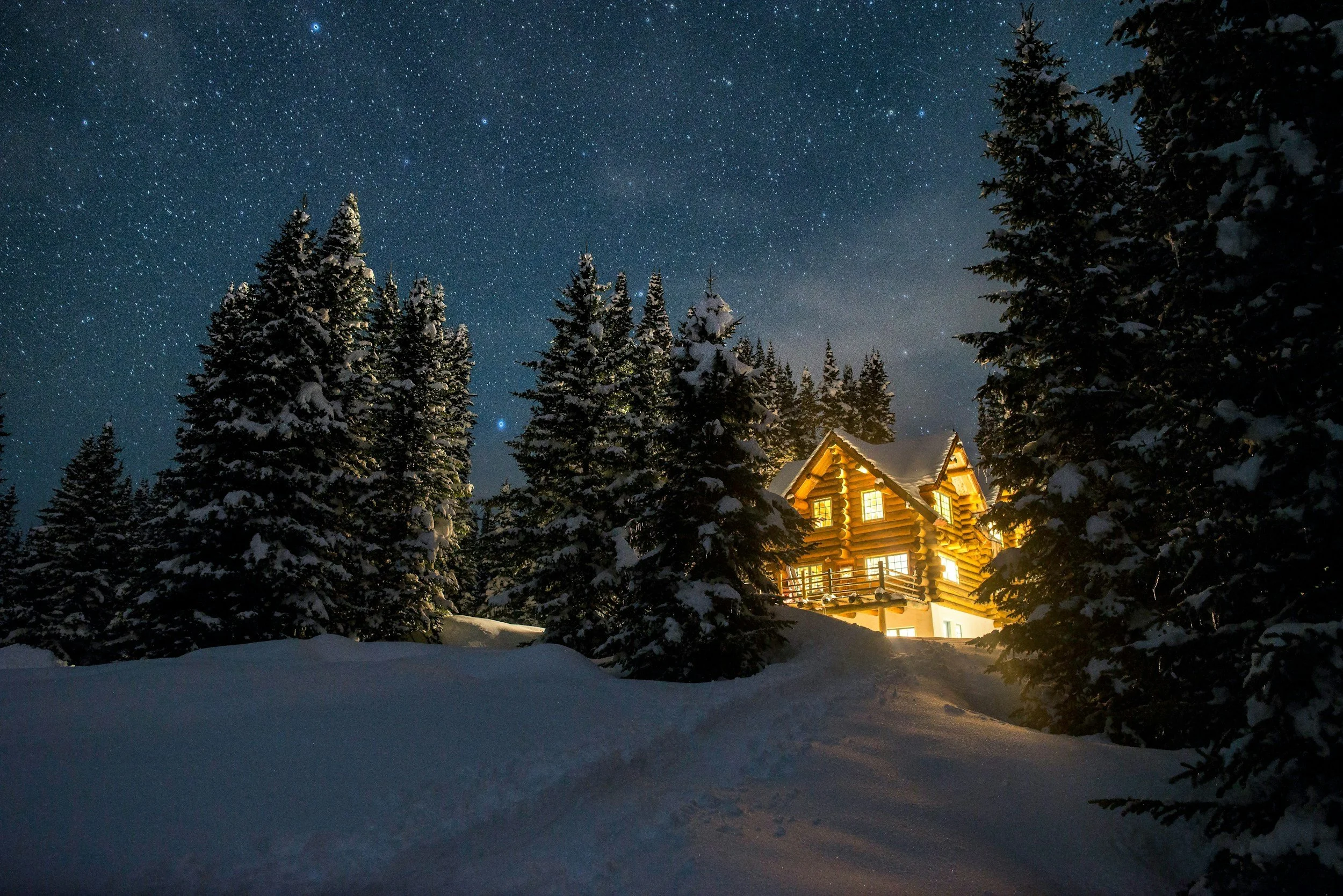An illuminated log cabin surrounded by snow-covered trees at night under a starry sky.