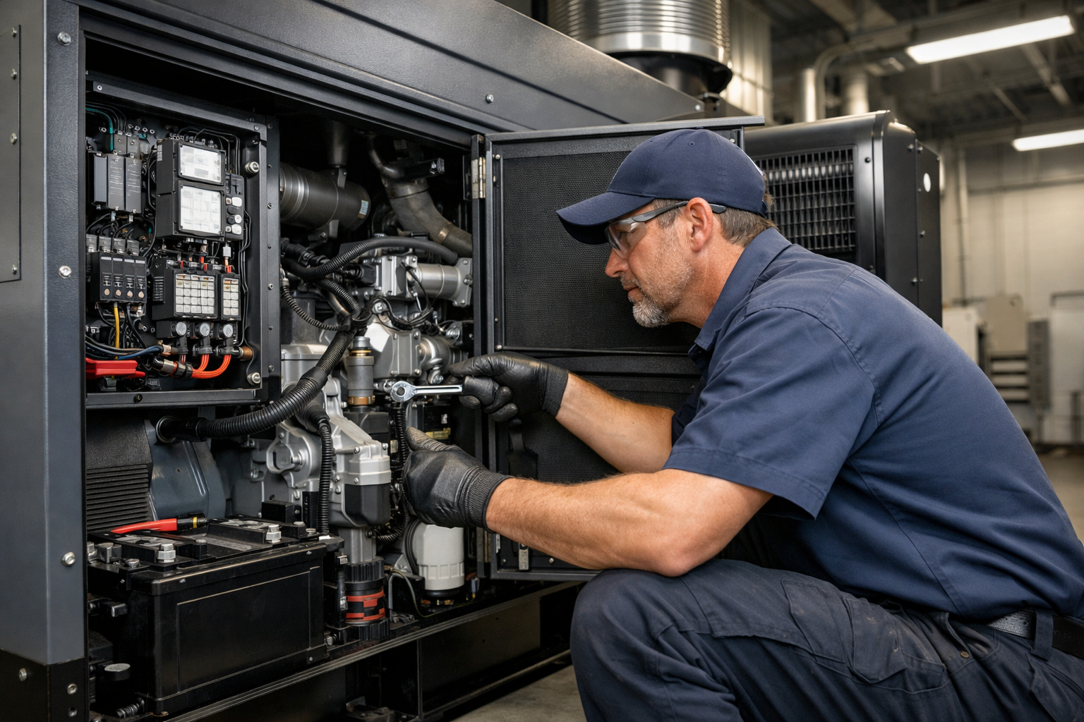 A technician working on a generator or industrial equipment inside a factory or power plant.