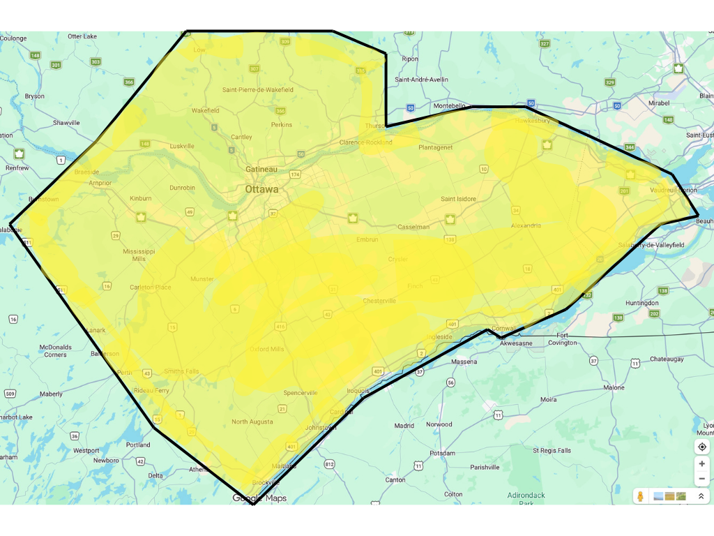 Map of a region outlined in black with a yellow shaded area within, including cities such as Ottawa, Gatineau, Casselman, Cornwall, and Prescott, over a background of a larger map with roads and lakes.