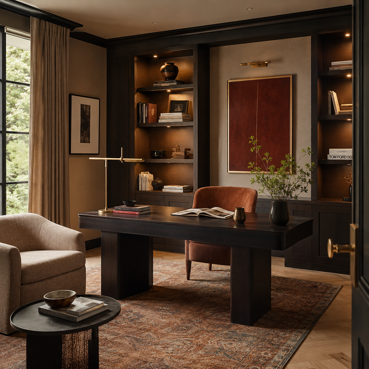 A sophisticated home office with a black wooden desk, a brown upholstered chair, a beige armchair, a small round black side table with books and a bowl, a tall black bookshelf with decorative objects and books, a large window with beige curtains, a dark red abstract painting, a potted plant, and warm lighting.