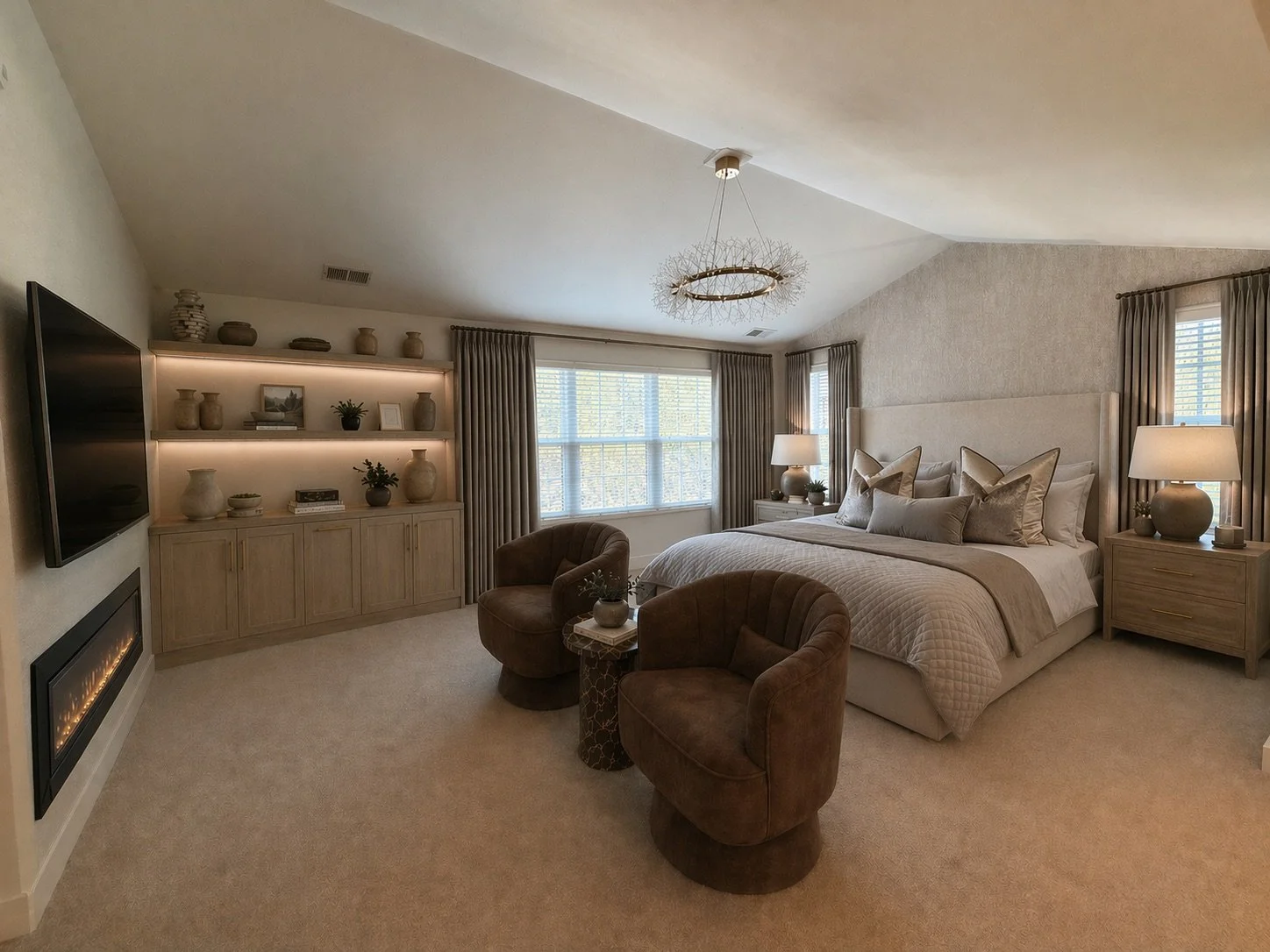 A modern bedroom with a beige color scheme, featuring a large bed with multiple pillows, two bedside nightstands with lamps, a curved sitting area with two brown chairs and a small side table, a wall-mounted flat-screen TV, a linear electric fireplac