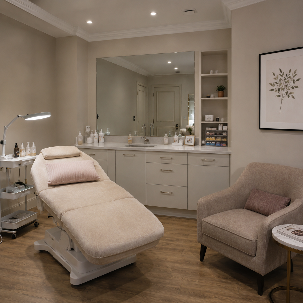 A medical or spa treatment room with a beige examination chair, a side table with skincare products, a beige armchair with a pillow, and a large mirror above a white countertop with cabinets, skincare bottles, and a potted plant.