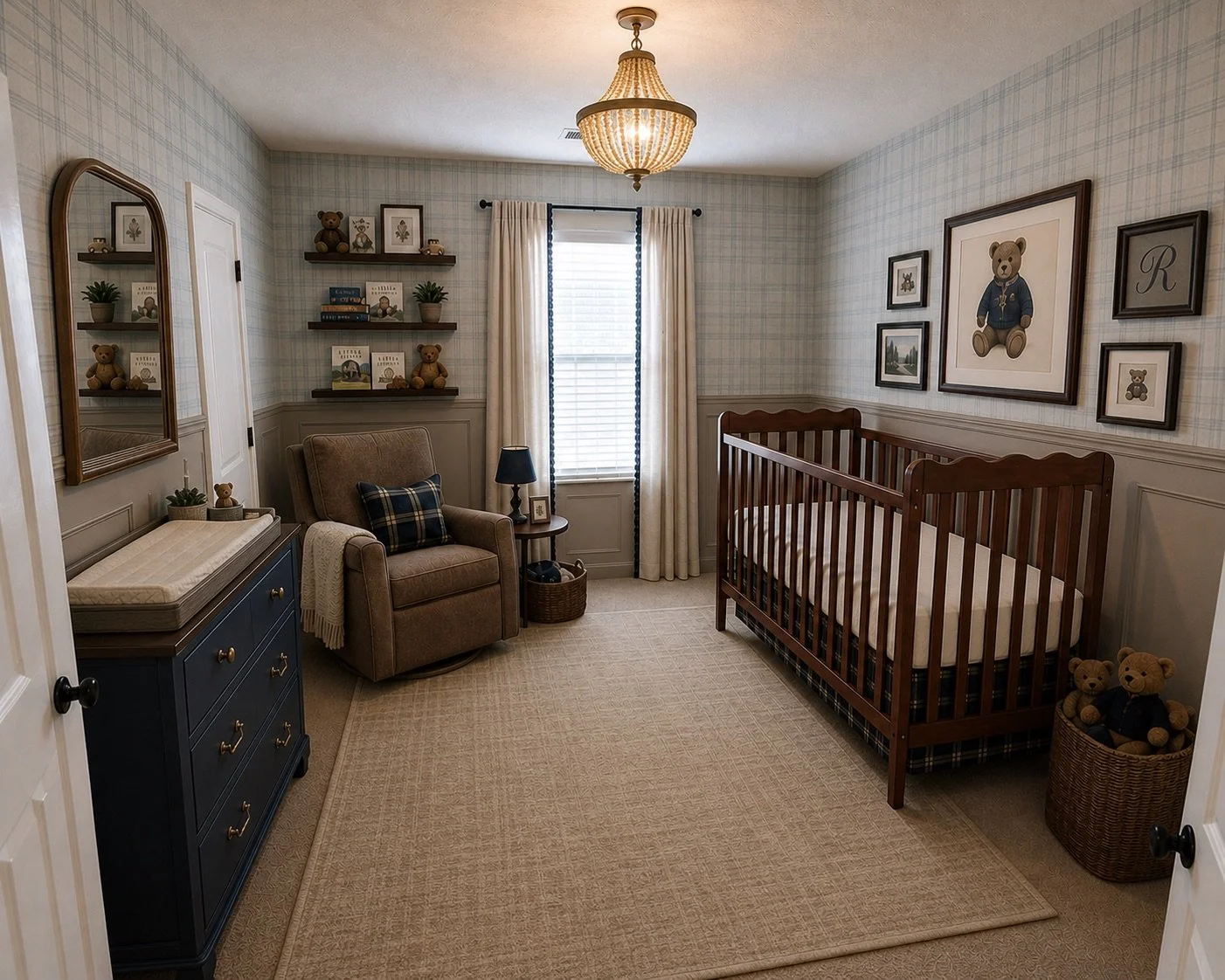 A nursery with light-colored wallpaper, a window with cream-colored curtains, a wooden crib, a beige armchair with a plaid pillow, and a blue dresser with a changing pad. Decor includes teddy bears, framed pictures of bears, plants, and books. A mirr