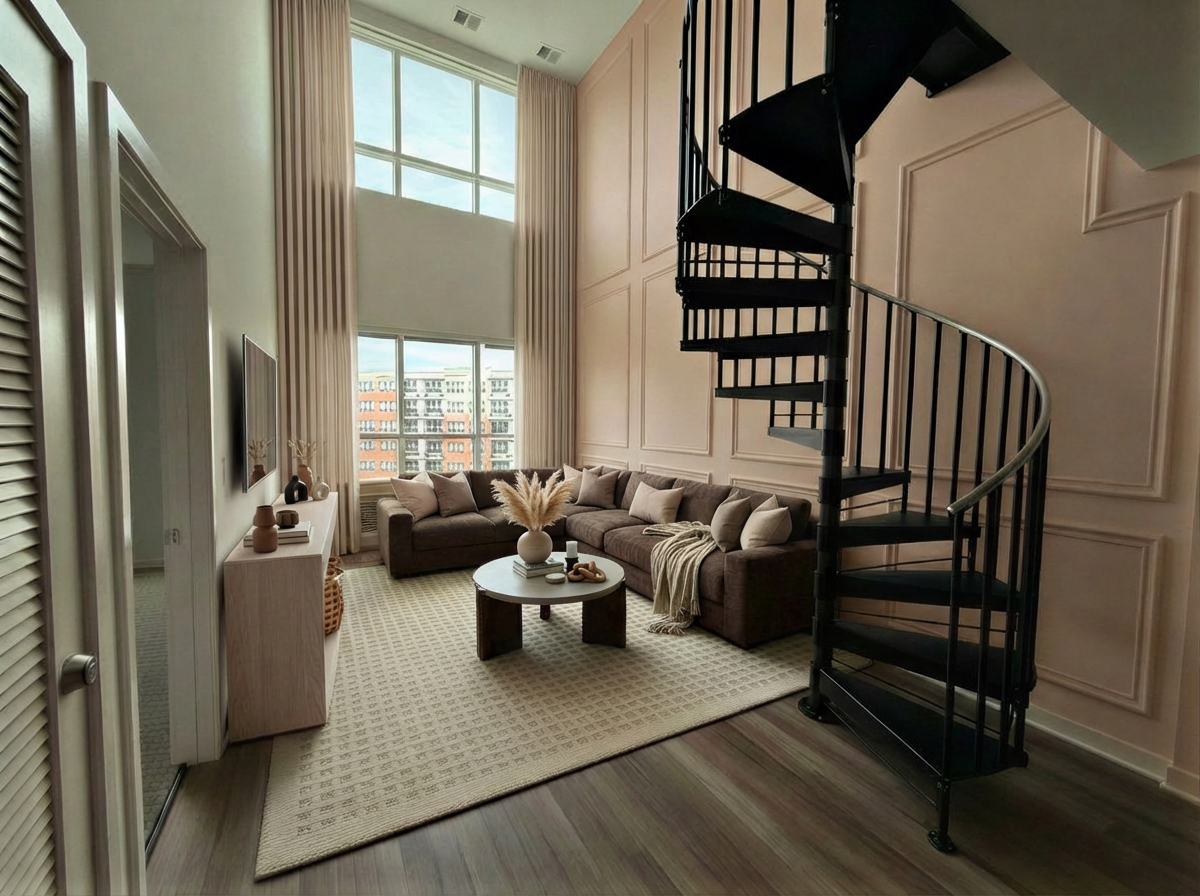 A living room with a high ceiling, large windows, a spiral staircase, a sectional sofa with neutral pillows, a round coffee table with decorative items, and a rug on the wood floor.