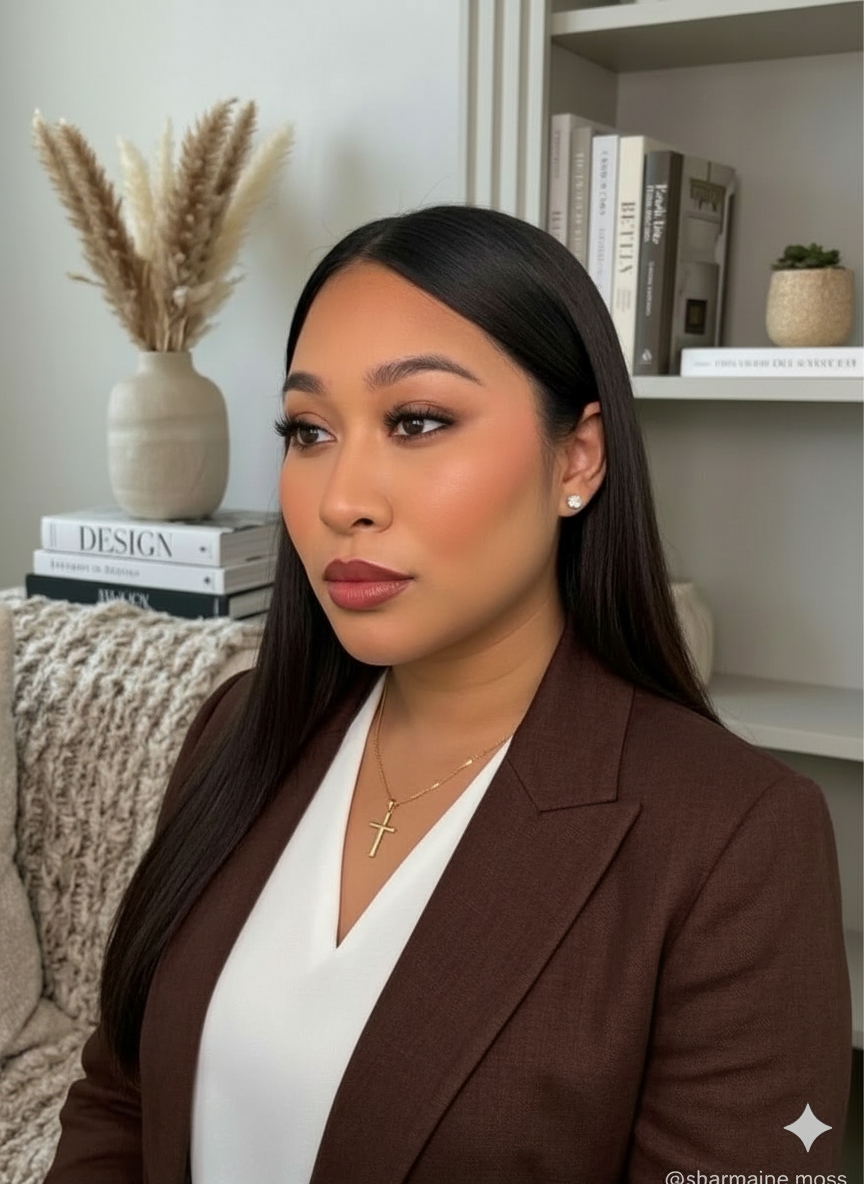 Professional woman with long dark hair, wearing a brown blazer, white top, and a gold cross necklace, positioned in a cozy, modern living room with neutral tones, a beige plush blanket, a stack of books, and decorative items including a vase with dried pampas grass and a small potted plant.