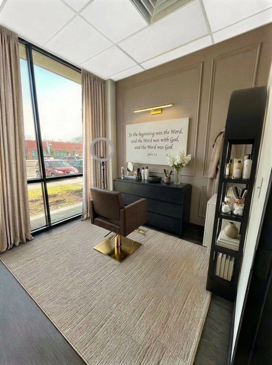 A modern salon space with a styling chair on a gold base, a black dresser with beauty products and flowers, a large window with beige curtains, a ring light, and a wall sign quoting John 1:1 about the Word and God.