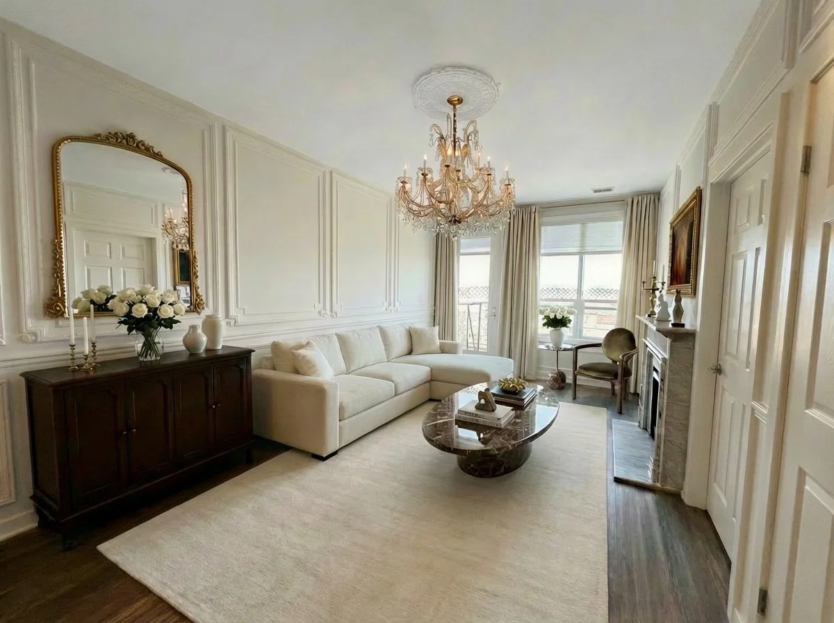 Elegant living room with white walls and trim, beige sectional sofa, marble coffee table, fireplace, chandelier, and large windows with drapes.