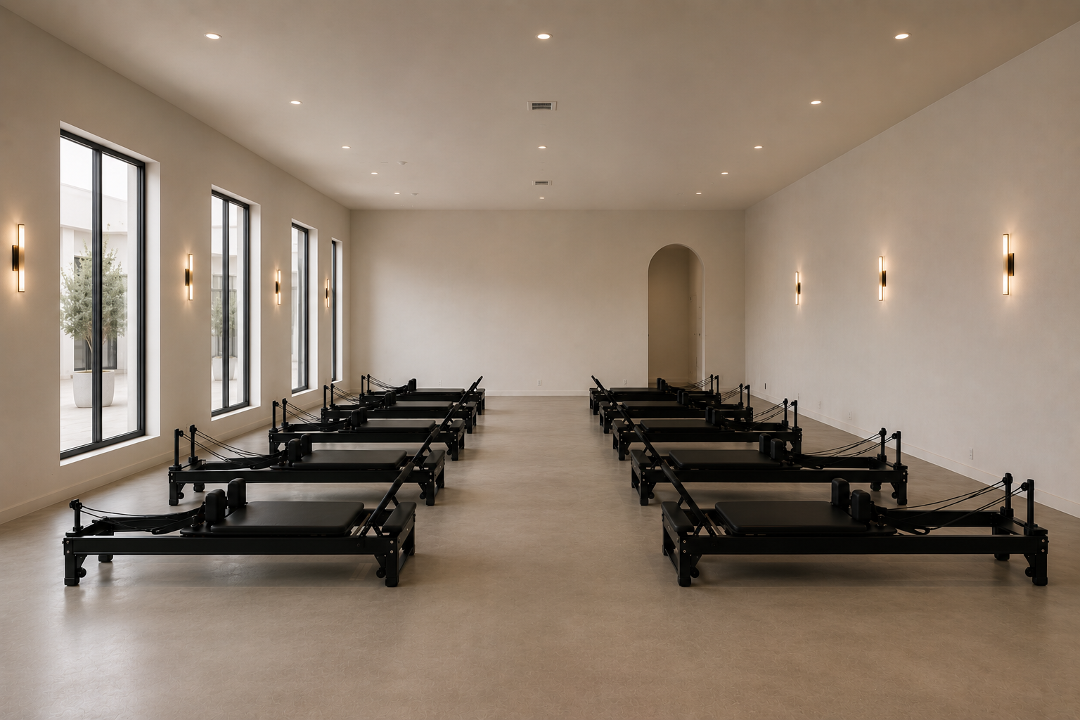 A spacious, well-lit Pilates or yoga studio with ten reformer exercise machines arranged in two rows, large windows on the left side, and minimalist white walls with wall-mounted lights.