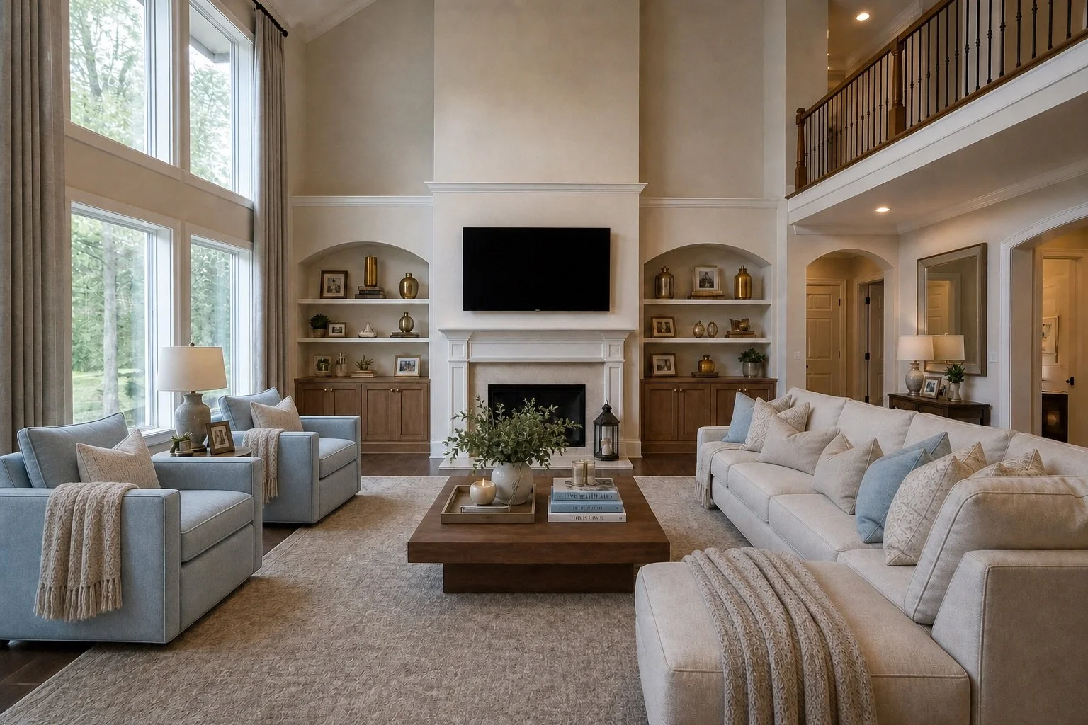 Spacious living room with large windows, beige walls, a white fireplace, a flat-screen TV above it, built-in shelves with decor, two sofas, two armchairs, a wooden coffee table with decorative items, and a staircase with wooden railing leading upstai