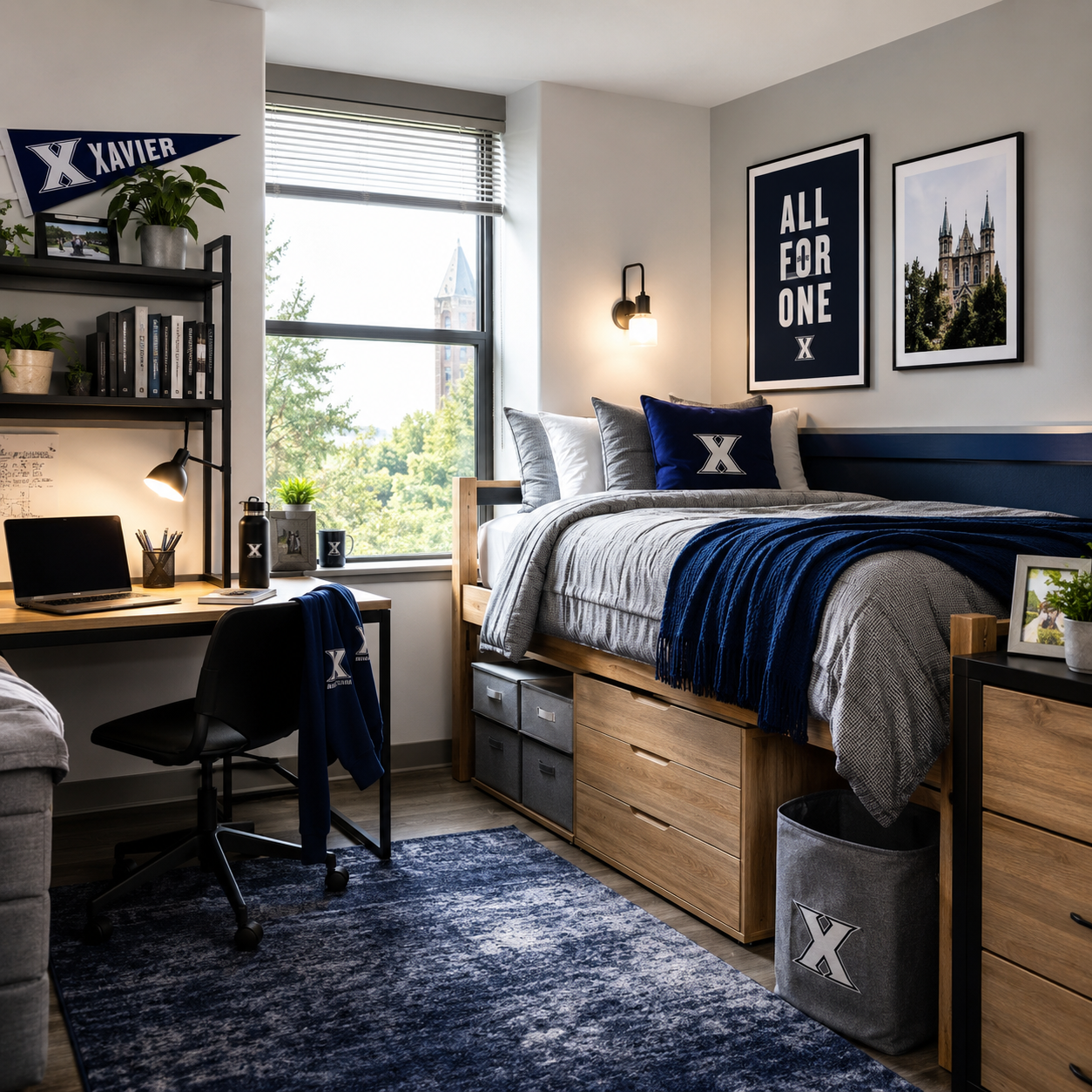 A bedroom with a wooden bed frame, bedding, and pillows featuring a university logo, decorated with university-themed wall art and framed photos, a desk with a laptop, books, supplies, and a window showing trees and a church spire outside.