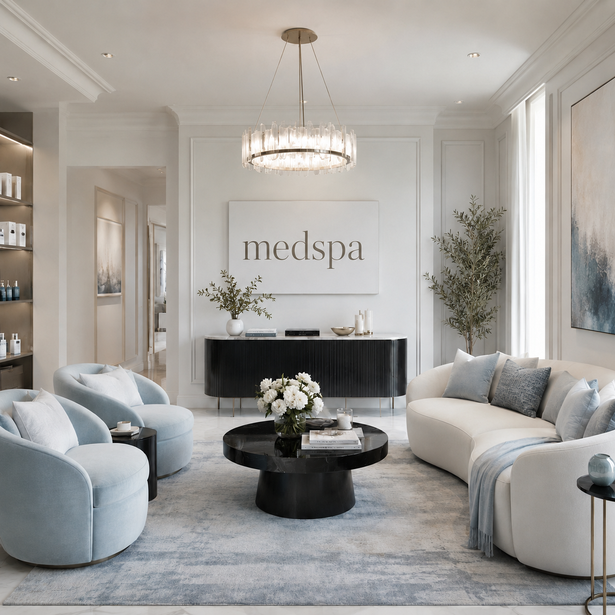 The image depicts a sophisticated and modern interior of a spa reception area with elegant furniture and decor. There are white and light blue armchairs and a curved sofa with decorative cushions around a black marble coffee table with a floral arran