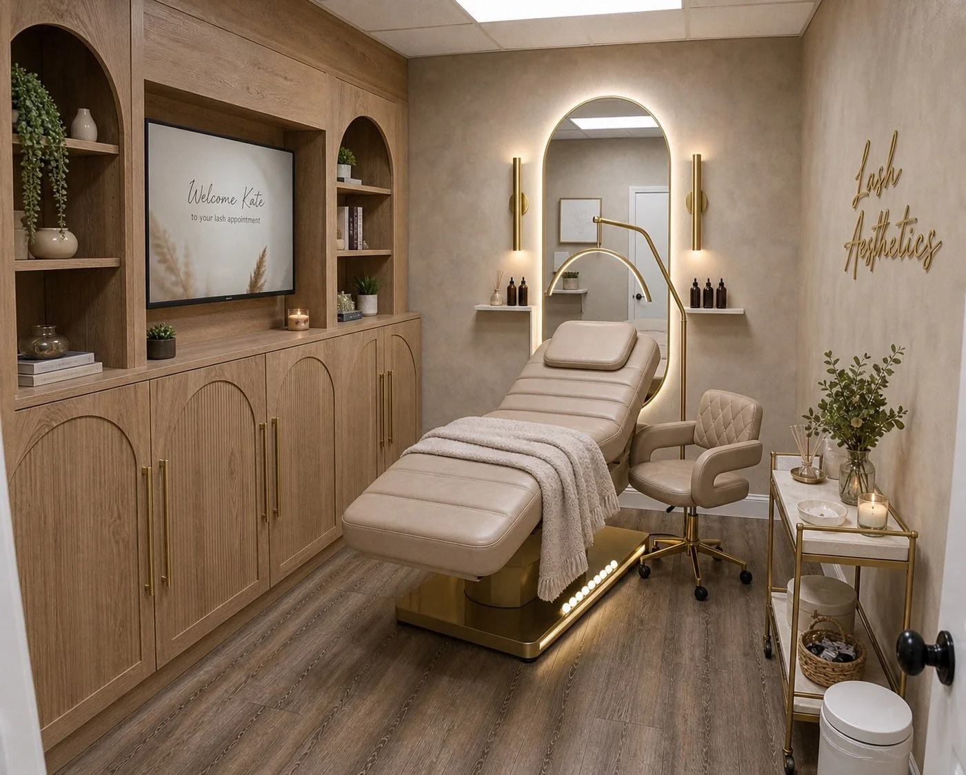 A modern lash and aesthetics treatment room with a beige treatment chair, a small rolling cart with beauty supplies, a wall with decorative plants, a large mirror, soft lighting, and a wooden cabinet with a television welcoming a guest named Kate