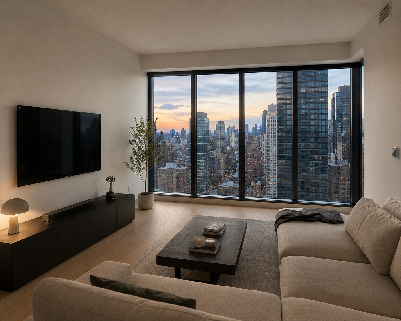 Modern living room with beige sectional sofa, black TV on white wall, black TV stand with decor, small table with candles and books, potted plant, large floor-to-ceiling windows showing a city skyline at sunset.