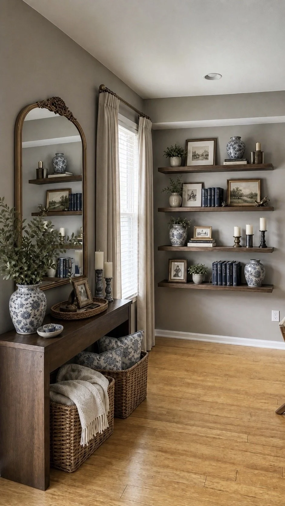 A cozy corner of a room with a wooden console table, large mirror, and wicker baskets filled with pillows and a blanket. On the table, there are decorative vases, framed photos, and candles. The wall features three wooden floating shelves with books,