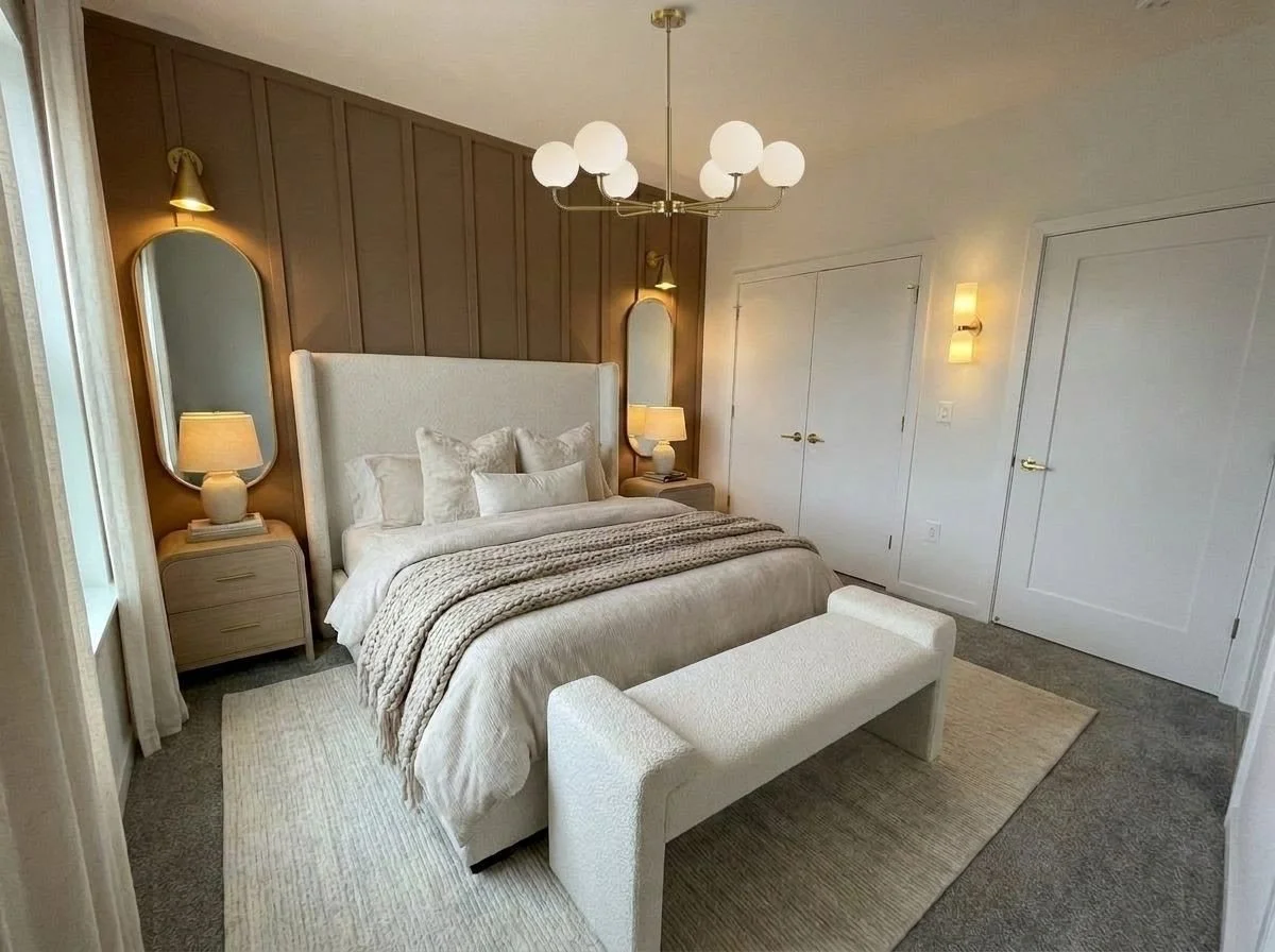 A cozy bedroom with a large bed that has a tall upholstered headboard, surrounded by bedside tables with lamps, a cream-colored bench at the foot, and a beige rug. The room features wall-mounted lights, a modern chandelier, and wooden accent wall pan