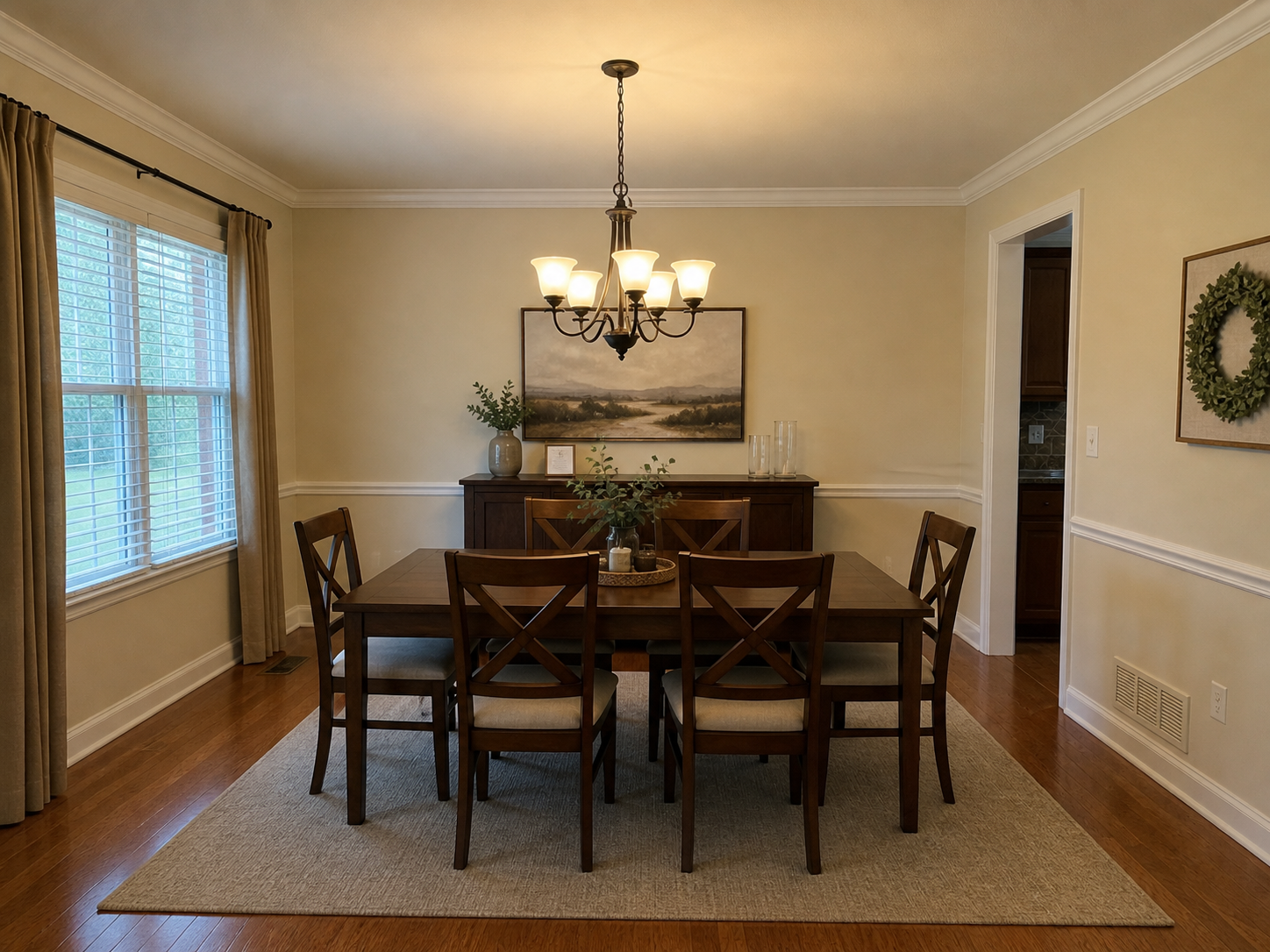 A dining room with a wooden table and six chairs, a chandelier hanging from the ceiling, a sideboard with decorative items, framed landscape paintings, a large window with beige curtains, and a wreath on the wall.